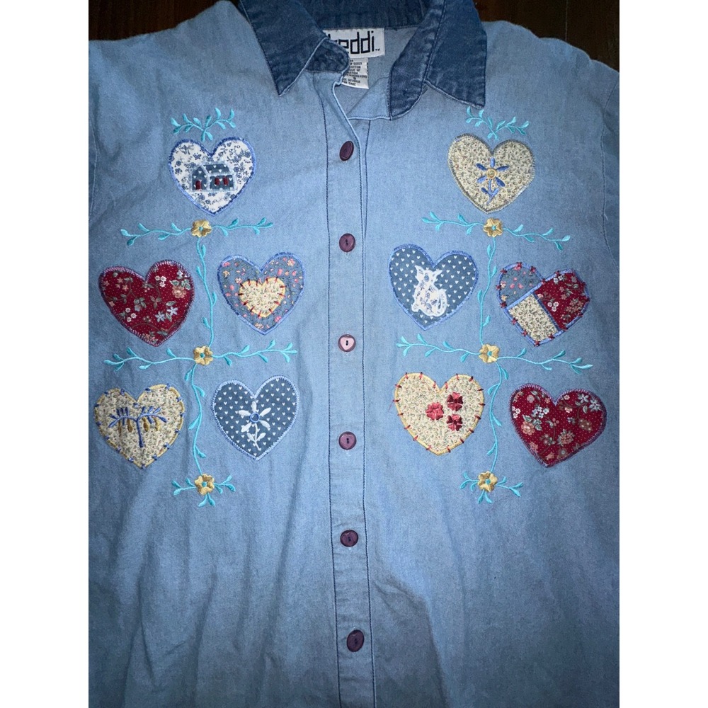 Teddi Vintage Heart Patchwork Chambray Denim Shirt Light Wash Cottagecore Small - Picture 7 of 8